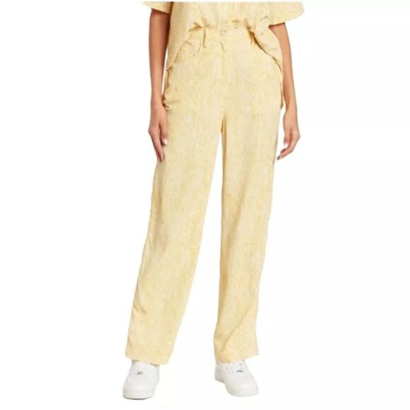 ENA PELLY Woodgrain High Waist Flare Pants, NWT, Yellow, size 10 - Picture 7 of 7